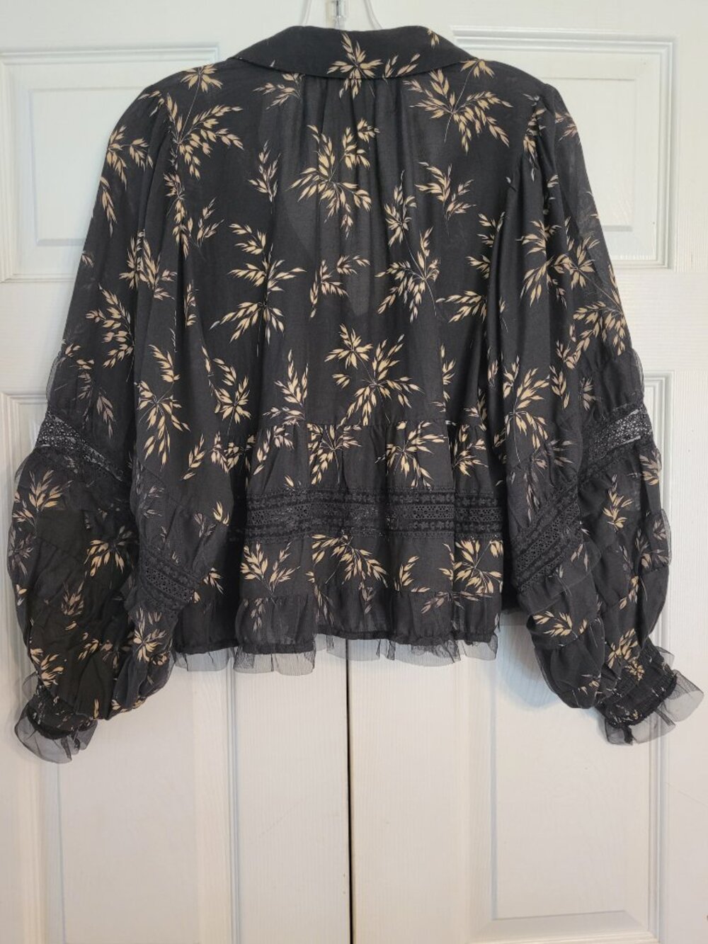 Anthropologie Black Motif V-Neck Ruffle Lace Detail Blouse - Picture 6 of 11